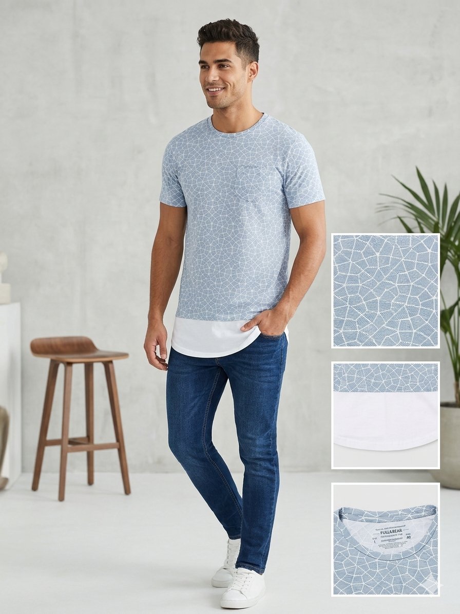T-shirt à motif géométrique Pull&Bear – Coupe longue – Taille L (40) Neuf avec étiquettes