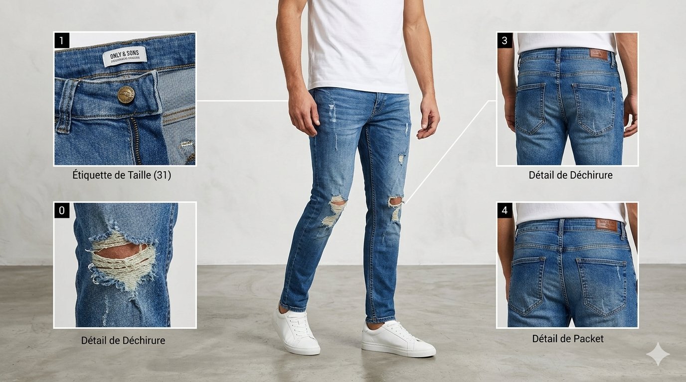 Jean Slim "Only & Sons" – Effet Destroy – Taille 31/32 (environ 81–82 cm d'entrejambe) #OnlyAndSons #JeanDestroy #ModeUrbaine #OOTDTunisie #StreetwearTunisie #ShoppingEnLigneTunisie