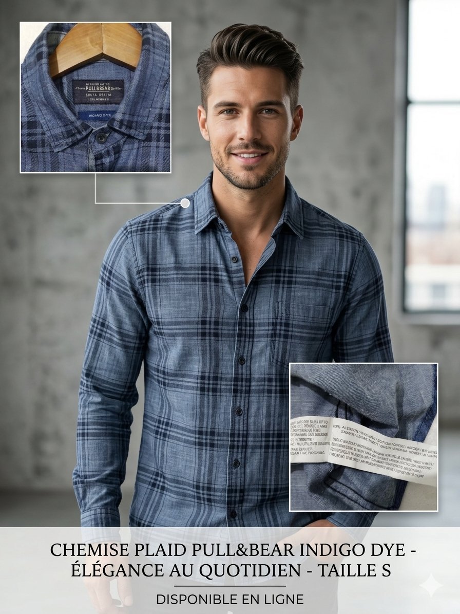 Superbe Chemise Pull & Bear - Indigo Dye (Carreaux Bleus) - Taille S // M Slim Fit ✓ Excellent état ✨ #PullAndBear #ChemiseHomme #IndigoDye #Carreaux #StyleCasual