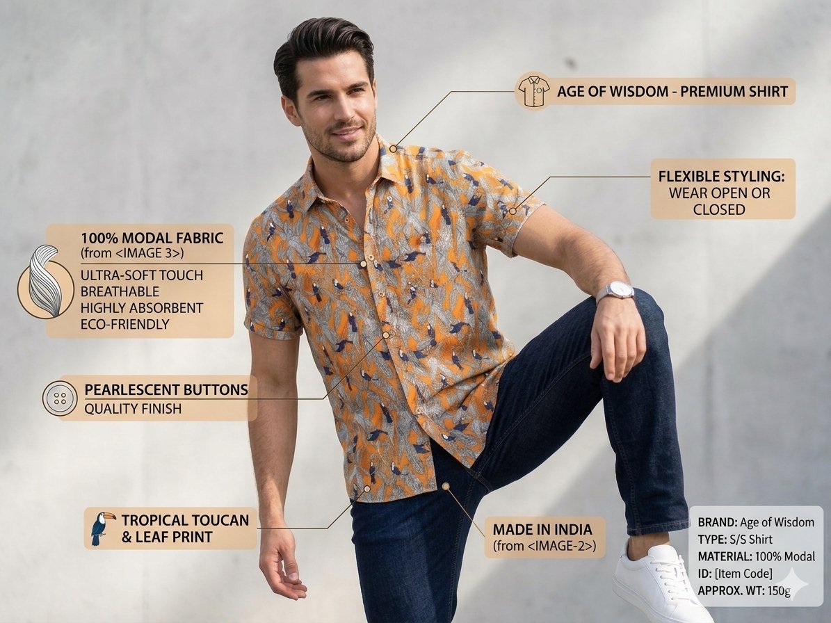 Chemise Homme "Age of Wisdom" Premium Shirt – Imprimé Toucans & Feuillage – 100% Modal - Excellent état ✨ #ModeHommeTunisie #ChemiseHomme #LookTropical #AgeOfWisdom #VintageStyle