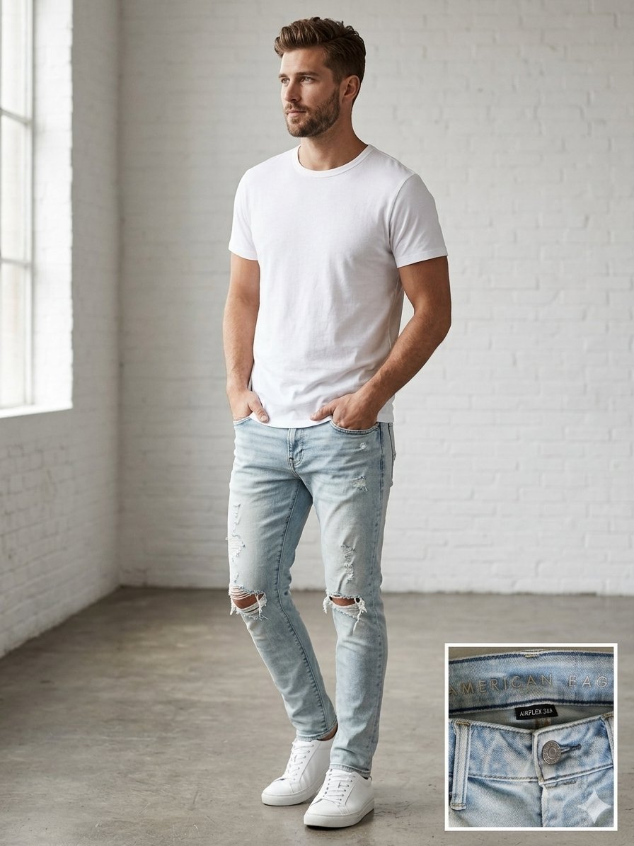 Jean Skinny American Eagle - Airflex 360 - Bleu Clair Délavé - Taille 30x32 US (longueur d'entrejambe d'environ 81 à 82 cm) Excellent état ✨ AmericanEagle #JeanSkinny #FrippeDeLux #ModeHomme #Dabchy #SlimFit.