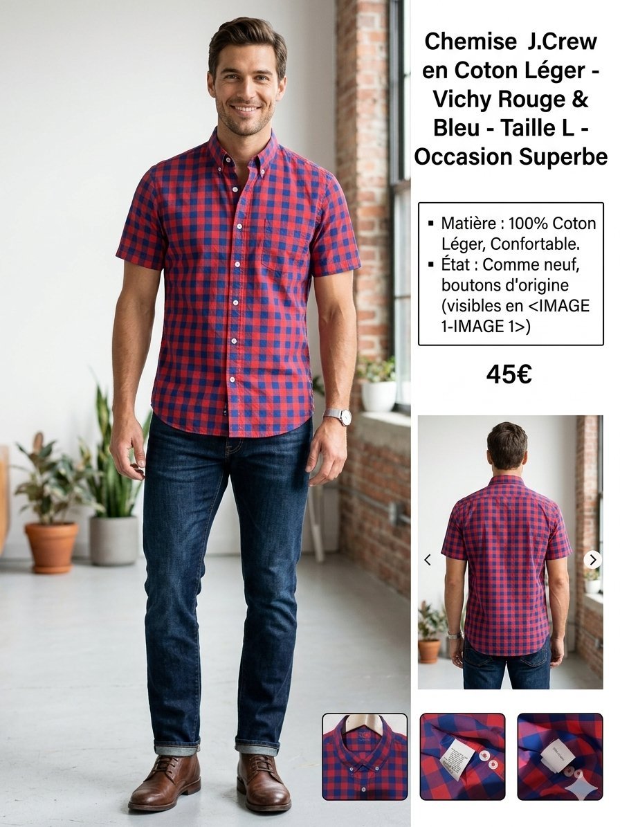 ​Chemise Homme J.Crew - Coton Léger à carreaux Rouge & Bleu - Taille L - Excellent État comme neuf #ModeHomme #ChemiseSlim #CasualChic #BordeauxStyle #Dabchy #VideDressing #PrelovedFashionTunisia