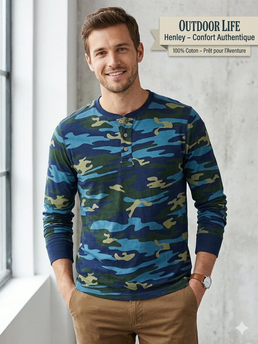 T-shirt Henley Manches Longues – Motif Camouflage Bleu – État Neuf