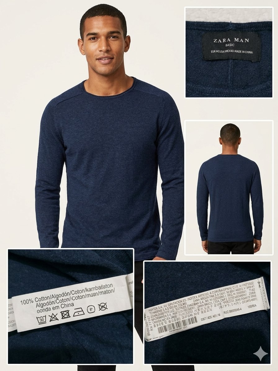 Pull Léger Maille Coton fine / Top Manches Longues ZARA MAN – Bleu Marine – Taille M - État neuf 