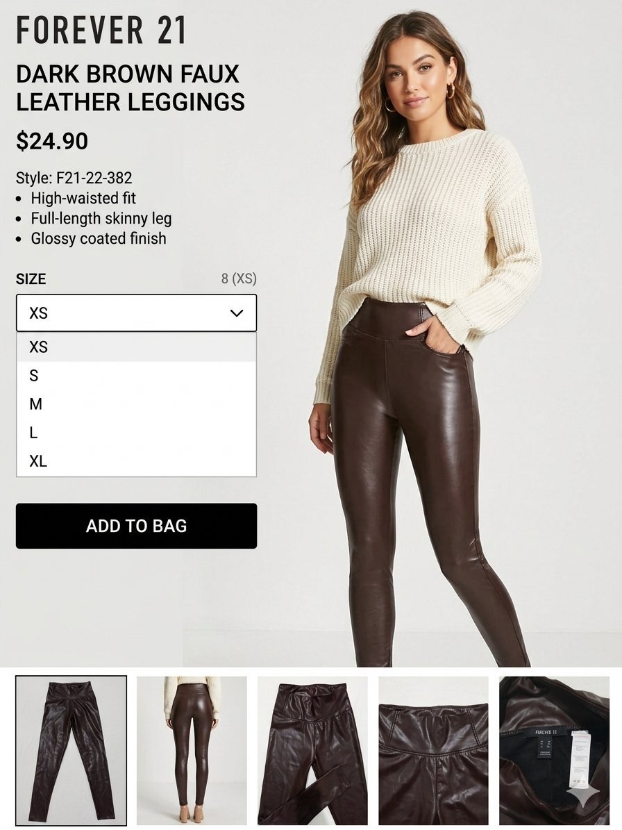 🤎 Legging Simili Cuir Marron Chocolat - Forever 21 - Taille XS État : Neuf / Excellent état Taille : XS (34) Couleur : Marron Chocolat / Aubergine foncé