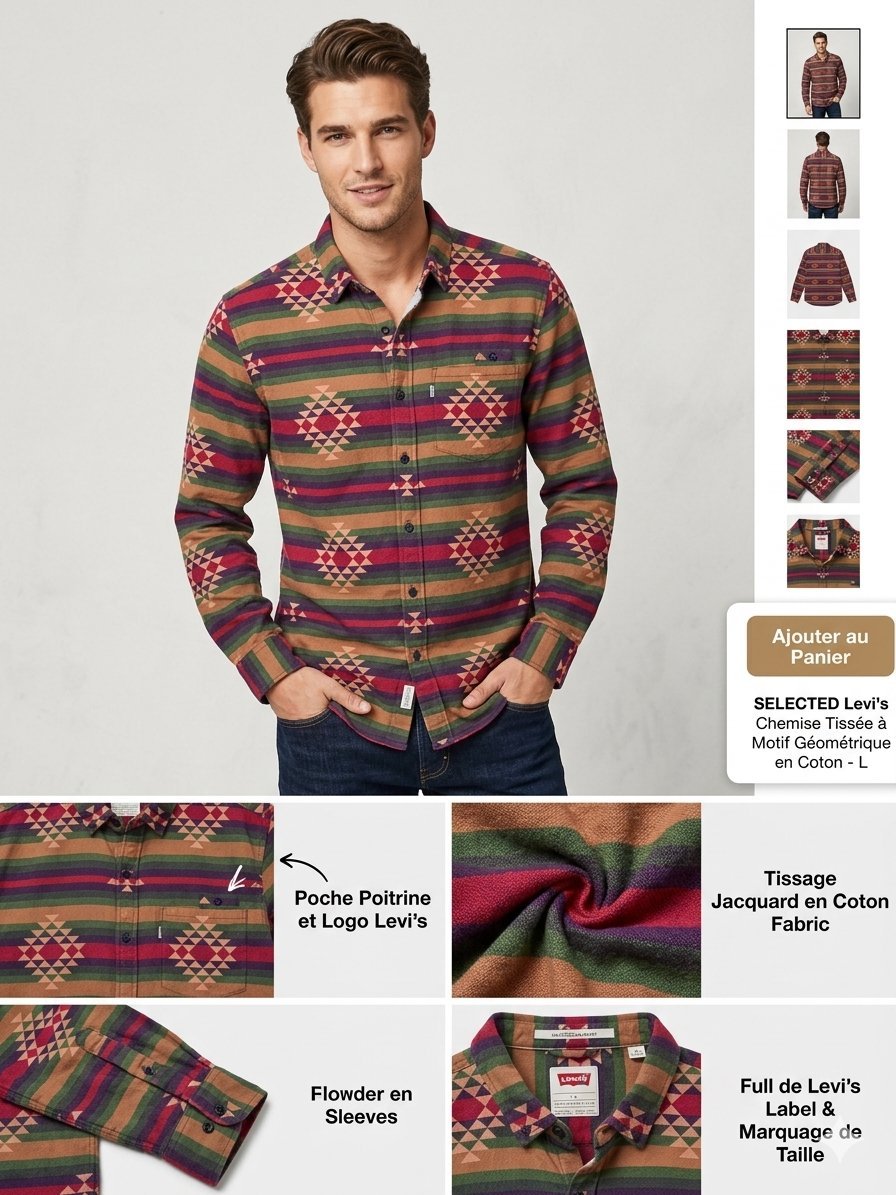 Superbe Chemise Levi's Authentique – Motif Géométrique Navajo – Taille L - Pièce unique Excellent État ✨ #Levis #Vintage #StyleNavajo #ChemiseHomme #DabchyTunisie