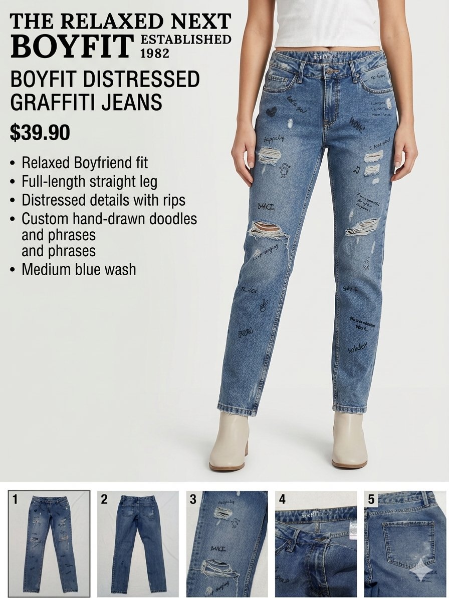 ​JEAN BOYFIT "GRAFFITI" – THE RELAXED NEXT 1982 Taille 38 EUR / 10 Long (UK) ​Boyfit jambe droite et confortable. ​Bleu indigo délavé. ​Très bon état look vintage authentique Style Urbain (Relaxed) déchirures stylées "doodles"