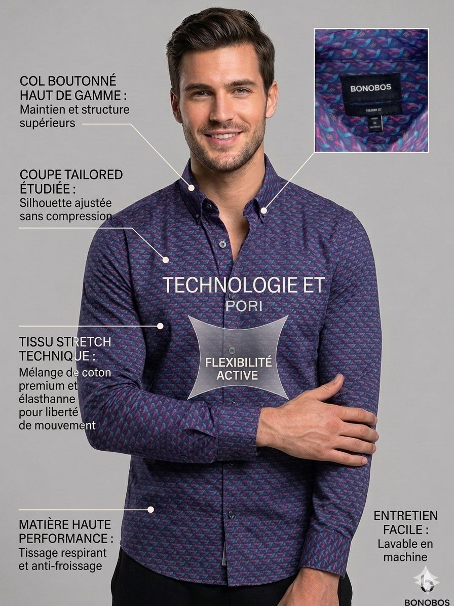 Chemise Bonobos Tailored Fit - Imprimé Original - État Impeccable #ChemiseHomme #ModeHomme #EleganceMasculine #Dabchy #FashionTunisie #StyleChic #OOTD #MarquePremium - Pièce unique de la prestigieuse marque Bonobos, allie technicité et style.