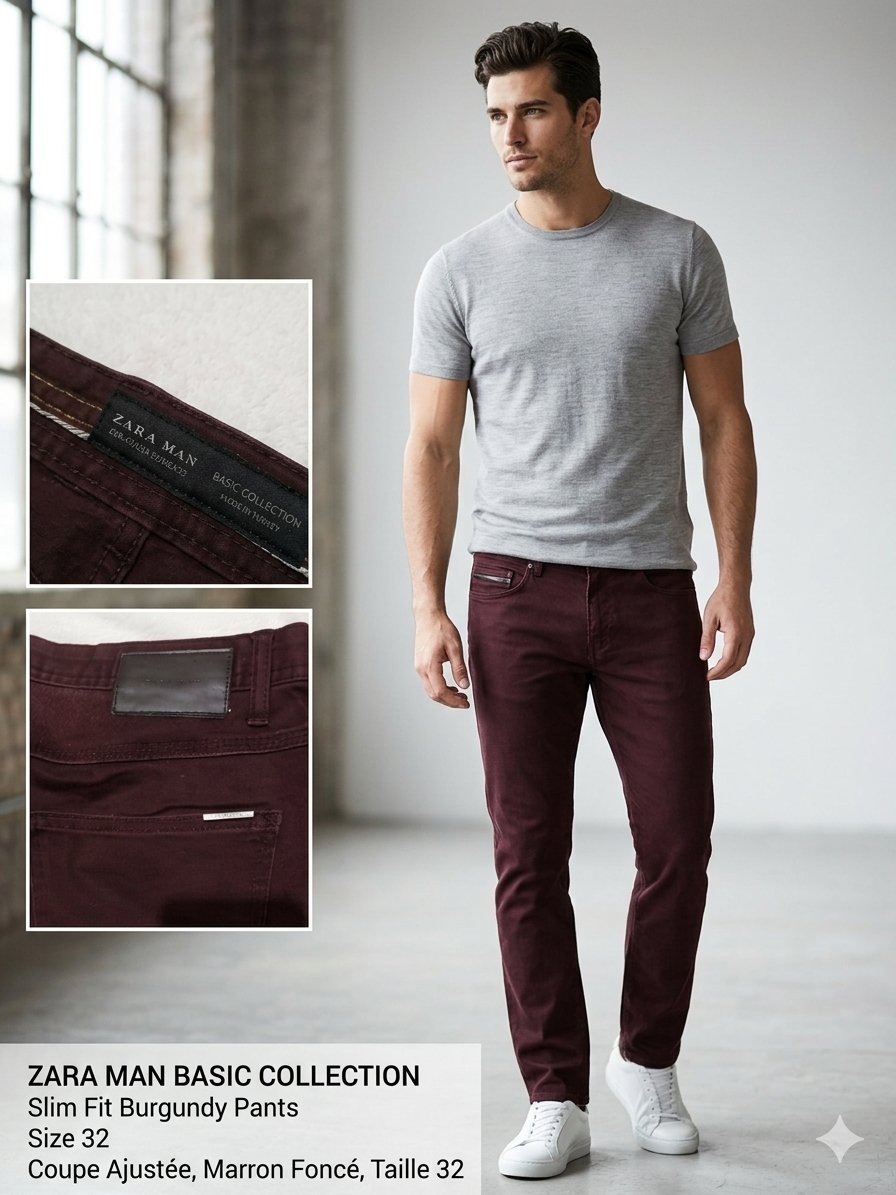 Pantalon Chino ZARA Man Basic – Slim Fit – Marron Foncé (Bordeaux) – Taille 32