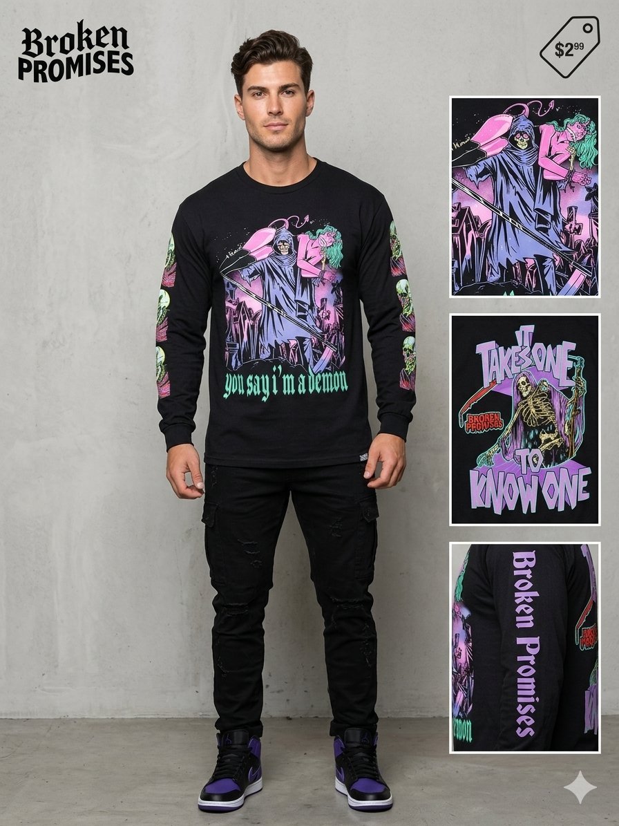 T-shirt manches longues Broken Promises - Design "Demon" - Noir Excellent état #brokenpromises #streetwear #tshirtgraphique #modehomme #darkfashion #urbanstyle #mensfashion