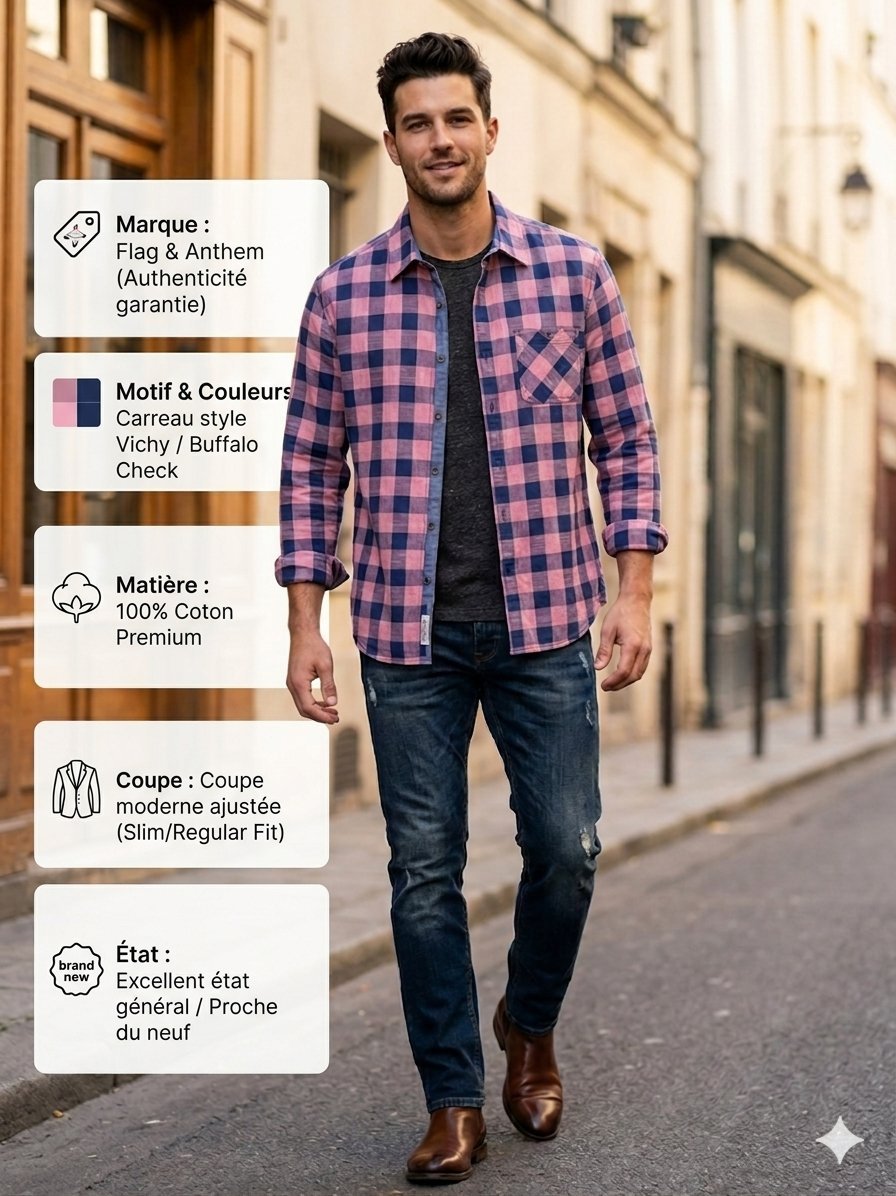Chemise Casual Premium Flag & Anthem – Coton Supérieur – État Impeccable #flagandanthem #chemisehomme #chemiseacarreaux #casualchic #fripepremium #styleamericana #coton100 #tailleM #dressingselect #dabchytunisie #chemiserose #chemisemarine