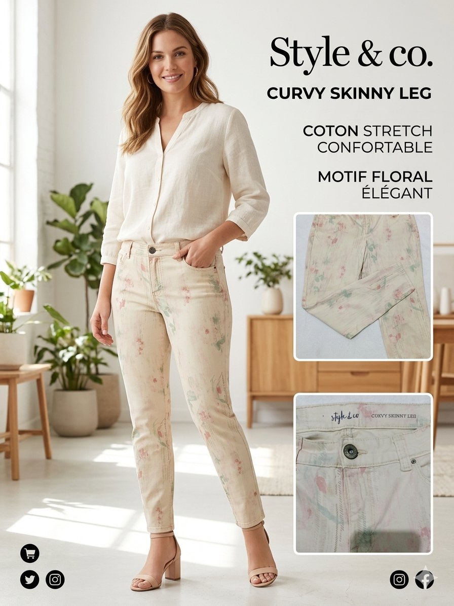 🌸 Pantalon Style & Co "Curvy Skinny" - Motif Floral Élégant - Très bon état - Taille 6 US (38/40 tunisien - M/L) Coupe Curvy Skinny Leg