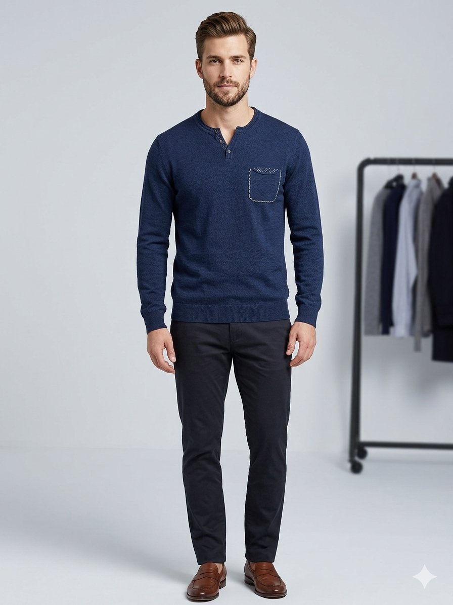 Pull Springfield Bleu Indigo - Col Henley à Boutons - État Neuf - L - Bleu Chiné - Style Casual Chic