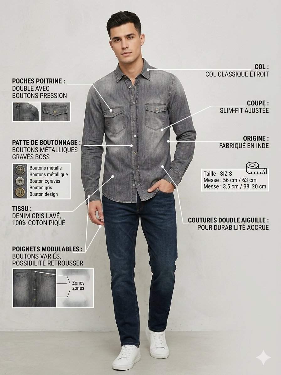 Chemise Denim Gris Lavé - Coupe Slim-Fit - Détails Premium - Taille S (Dimensions précises : 56 cm / 63 cm) #DenimStyle #ChemiseDenim #BossStyle #SlimFit #ModeHommeTunisie #Dabchy #CasualChic #TenueHomme #OOTD #DressingHomme