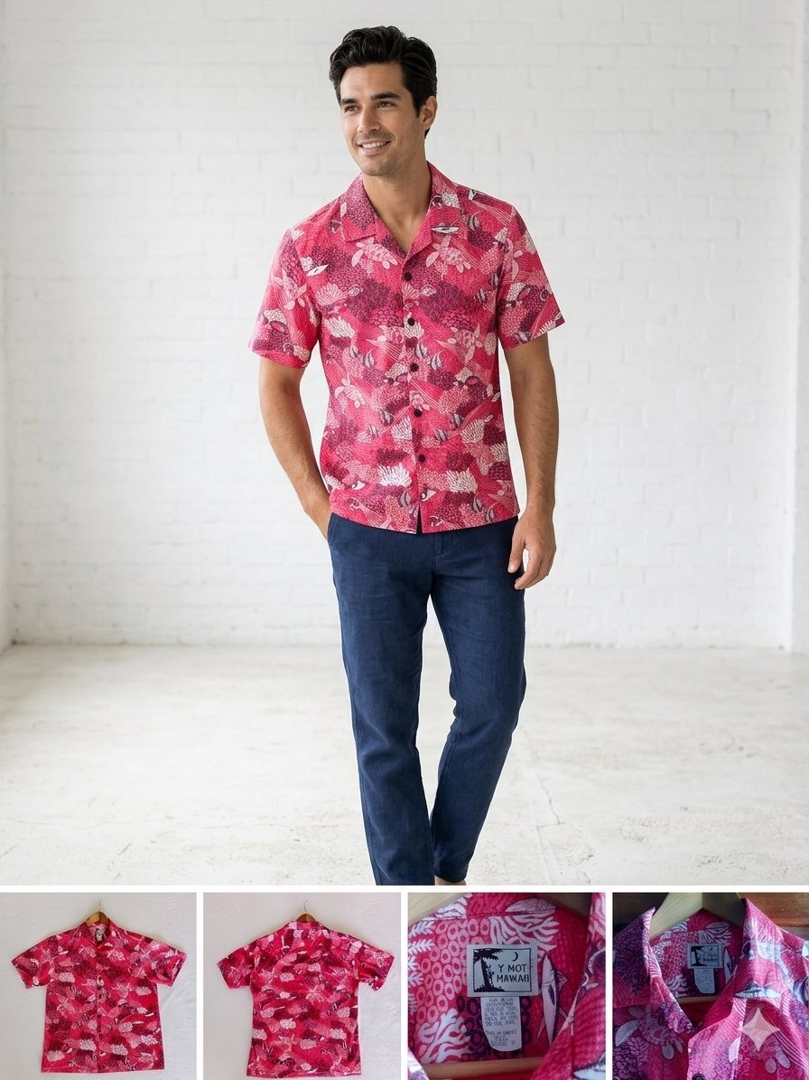 ​Chemise Hawaïenne Vintage (Unique) "Y Not Hawaii" - Motif Corail & Tortues - Taille M - Excellent État