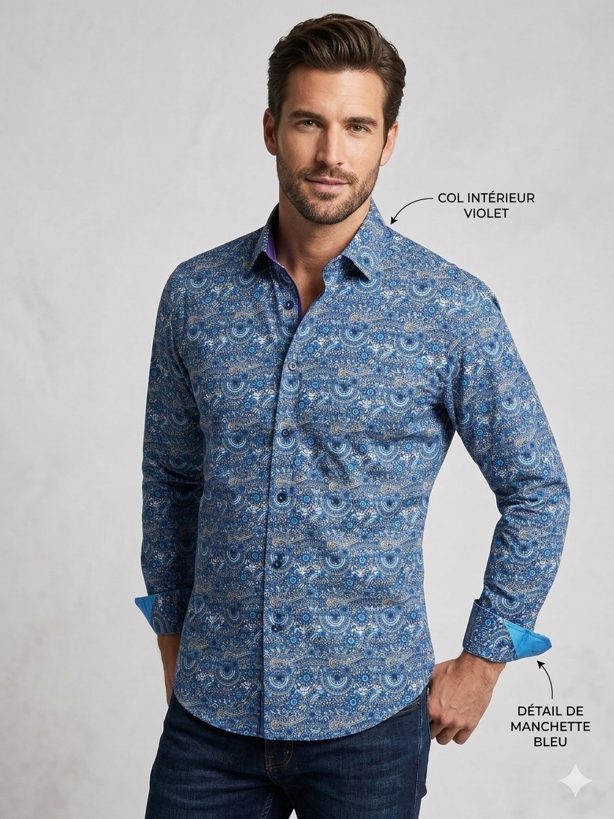 Chemise prestigieuse Vincent d’Amérique Purple Label – Slim Fit – Motif Mosaïque Rare - Taille S/P Excellent état ✨ Col satiné, poignets contrastés