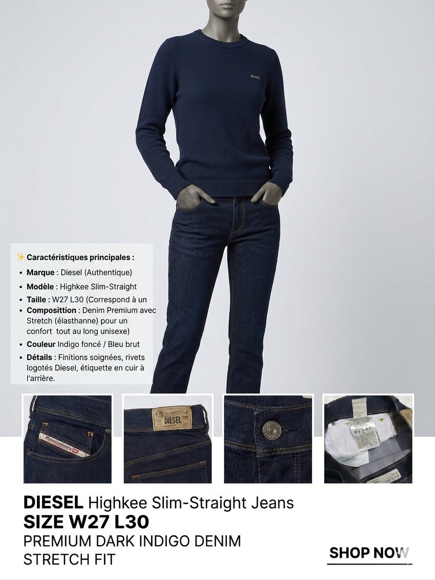 ​DIESEL Highkee Stretch Djean Coupe Droite Ajustée - Taille 27 - Denim Premium Slim-Straight - W27 L30 - Brut Indigo (Excellent État Neuf) Made in Tunisia 🇹🇳