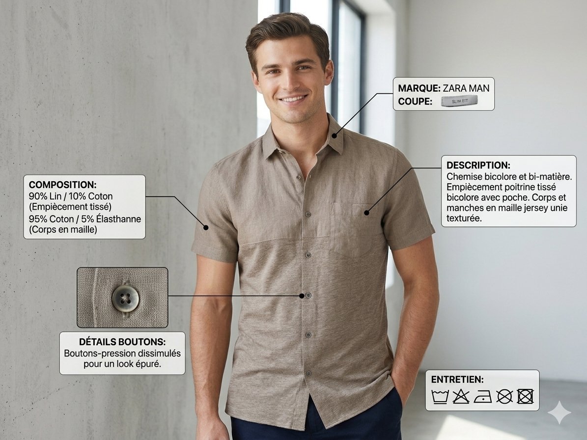 Excellent T-shirt قمراية ZARA MAN Bi-Matière Lin & Coton – Slim Fit - Greige - Très bon état 