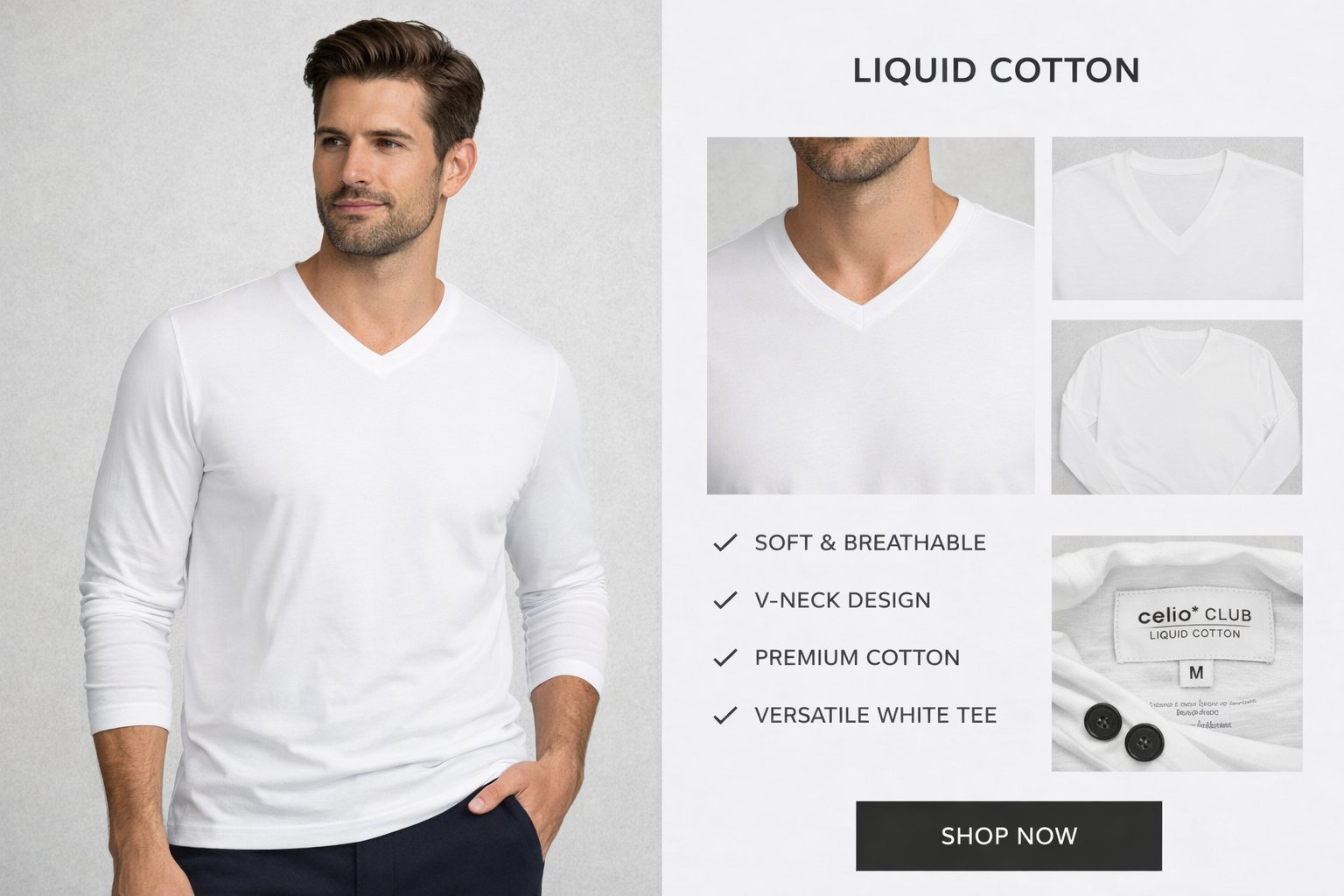 CELIO Club T-shirt 👕 LIQUID COTTON Style Élégance minimaliste et confort absolu Blanc pur 100 % coton – Tech Liquid Cotton Col V