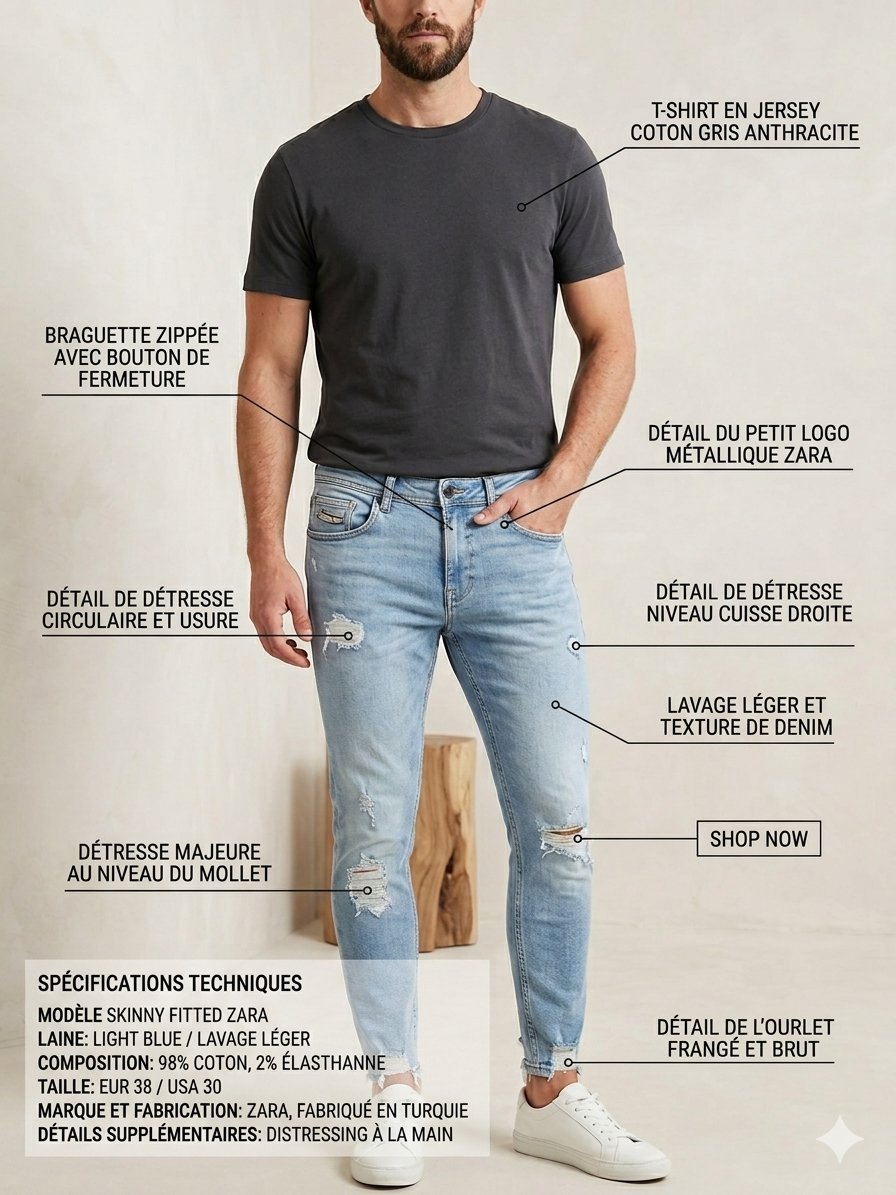 🔥 PÉPITE DENIM ZARA HAUTE QUALITÉ ! 🔥 Jean Skinny Fitted ZARA Light Blue Déchiré • Taille 38 / US 30 Très bon état - Compo 98% Coton / 2% Élasthanne Tissu stretch ultra confortable #ZaraMan #JeanZara #JeanSkinny #DenimZara #StyleUrbain