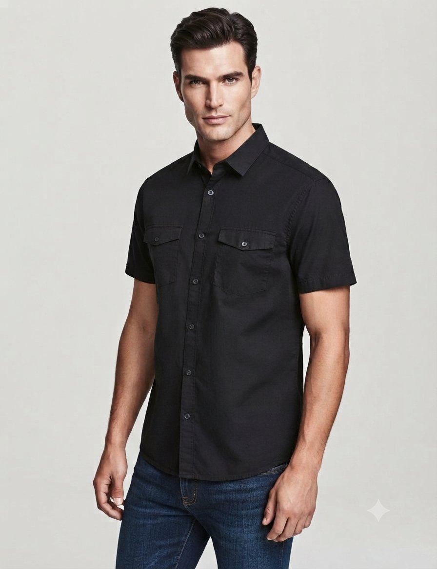 Chemise Lin Coton H&M noire - Manches courtes - Style Casual Chic 9amraya coton neuve #DabchyMen #HM #ModeHomme #ChemiseNoire #CasualStyle #OOTD #ModeResponsable
