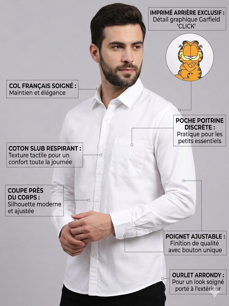 Chemise Blanche "Locomotive" - Imprimé Original Garfield "CLICK" - Excellente pièce 💎✨ Très bon état #GarfieldStyle #ChemiseHomme #ModeTunisie #Dabchy #CasualChic #StreetwearTunisie