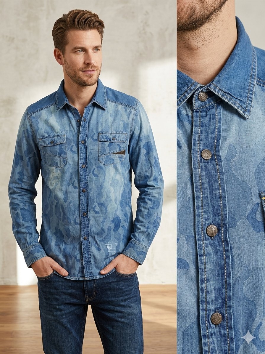 Chemise Denim Japan Rags – Motif Camouflage Indigo – État Neuf - Taille L (CN 180/104A) #JapanRags #Denim #Camouflage #Streetwear #LeTempsDesCerises