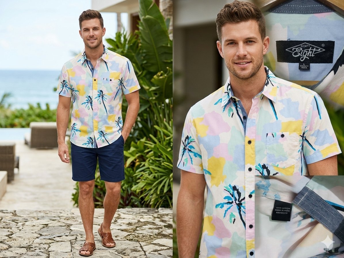 Superbe Chemise EIGHT Manches Courtes Imprimé Tropical Pastels - Taille L 🏖️🛥️ Une chemise polyvalente - 100% Coton (matière légère, douce et respirante, agréable à porte)