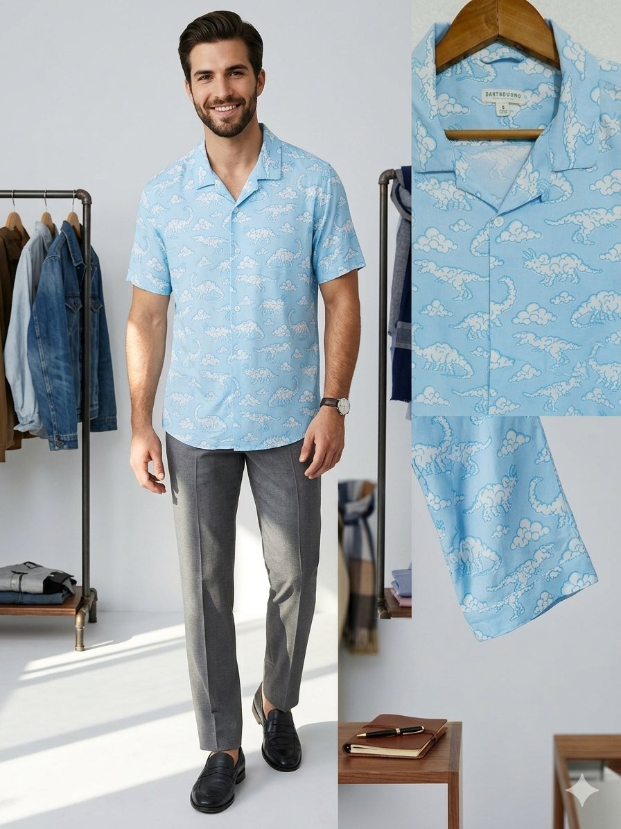 Chemise décontractée Earthbound "Dinos Clouds" - Taille S - 100% Rayonne حرير de qualité (Matière Premium : 100% Rayonne. C'est un tissu incroyablement léger, doux sur la peau et fluide, parfait pour rester au frais) Coupe décontractée avec un col cubain