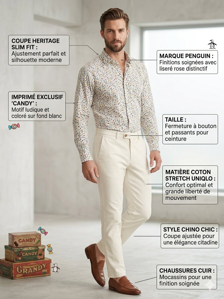 Tenue Complète Homme : Chemise Imprimée Original Penguin & Pantalon Chino Uniqlo #OriginalPenguin #Uniqlo #LookHomme #TenueComplete #Dabchy #ChinoStyle #ModeMasculine #PrintShirt #CasualChic