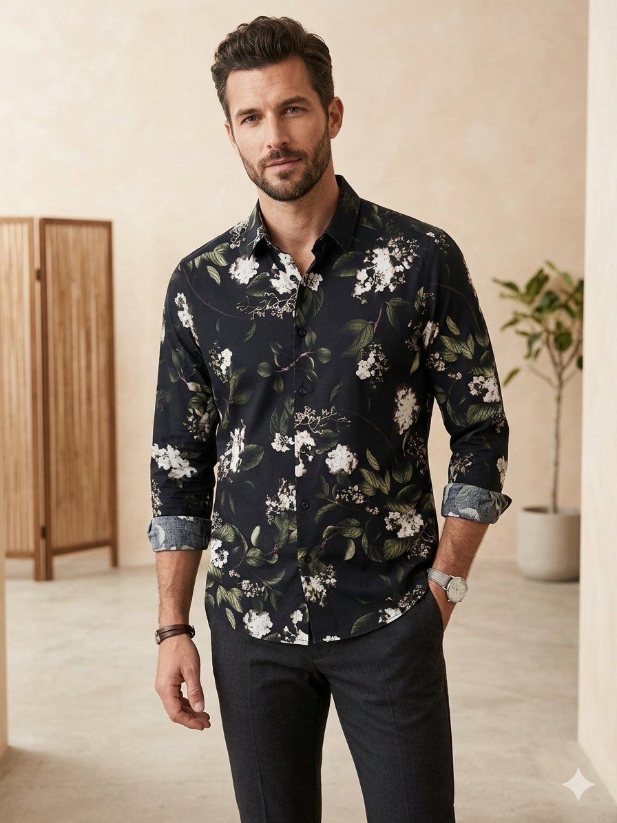 Chemise H&M Slim Fit – Motif Floral Noir & Blanc – Taille L Excellent état ✨ comme neuf
