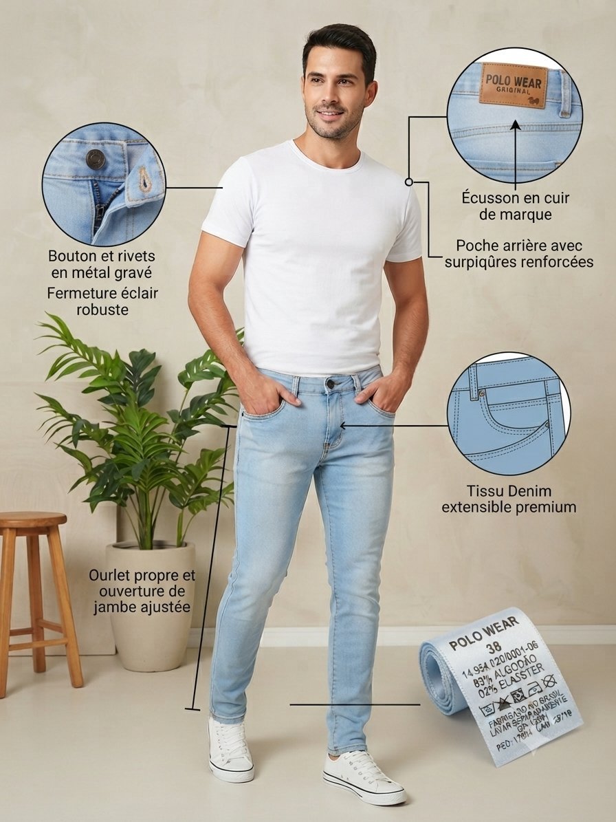 Excellent Jean Slim Homme Polo Wear - Bleu Clair - Taille 38 #PoloWear #JeanHomme #ModeHomme #LookCasual #DenimSlim #OOTD #TunisieFashion