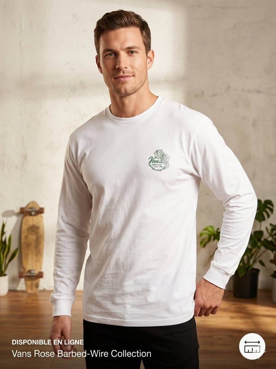 👕 VANS Original Manches Longues "Rose & Barbelés" - Blanc - État Neuf Made in Mexico