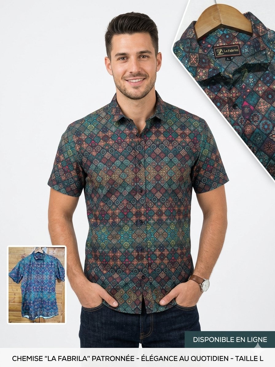 Chemise Homme "La Fabrila" 💎 - Motif Mosaïque Géométrique Coloré - Taille L (État Neuf) #LaFabrila #ChemiseHomme #Mosaïque #MotifGéométrique #Coton #TailleL #BohèmeChic #Original #Été