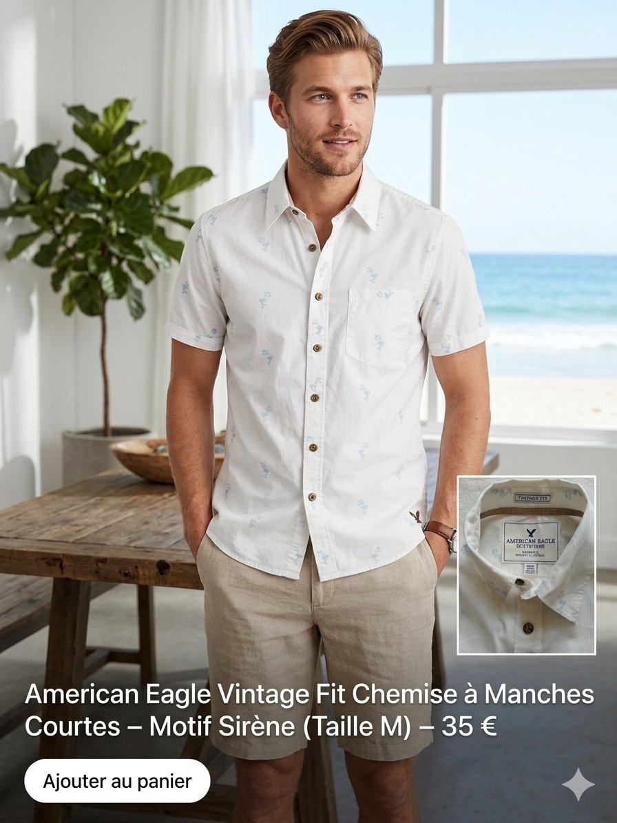 American 🦅 Outfitters – Chemise Vintage Fit – Taille M – Motif Sirène Rare - 100% Coton (léger et respirant) Très bon état, 100% authentique #American Eagle #Chemise Homme M #Manches Courtes DabchyHomme Tendance Original OccasionTunisie LookEté Sirène