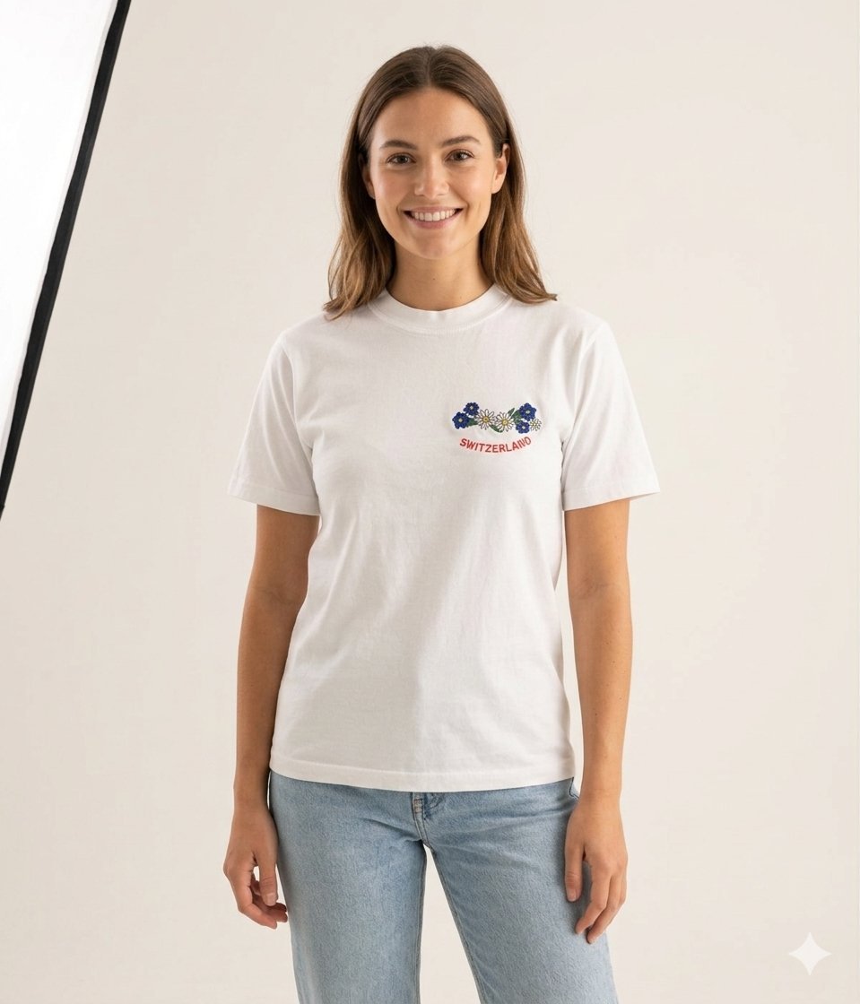 T-shirt Vintage "Switzerland" - 100% Coton - Blanc avec Broderie Florale - Taille 128 - Neuf avec étiquette #VintageStyle #TshirtVintage #Switzerland #ModeEnfant #FriperieTunisie #AlbaCreation 