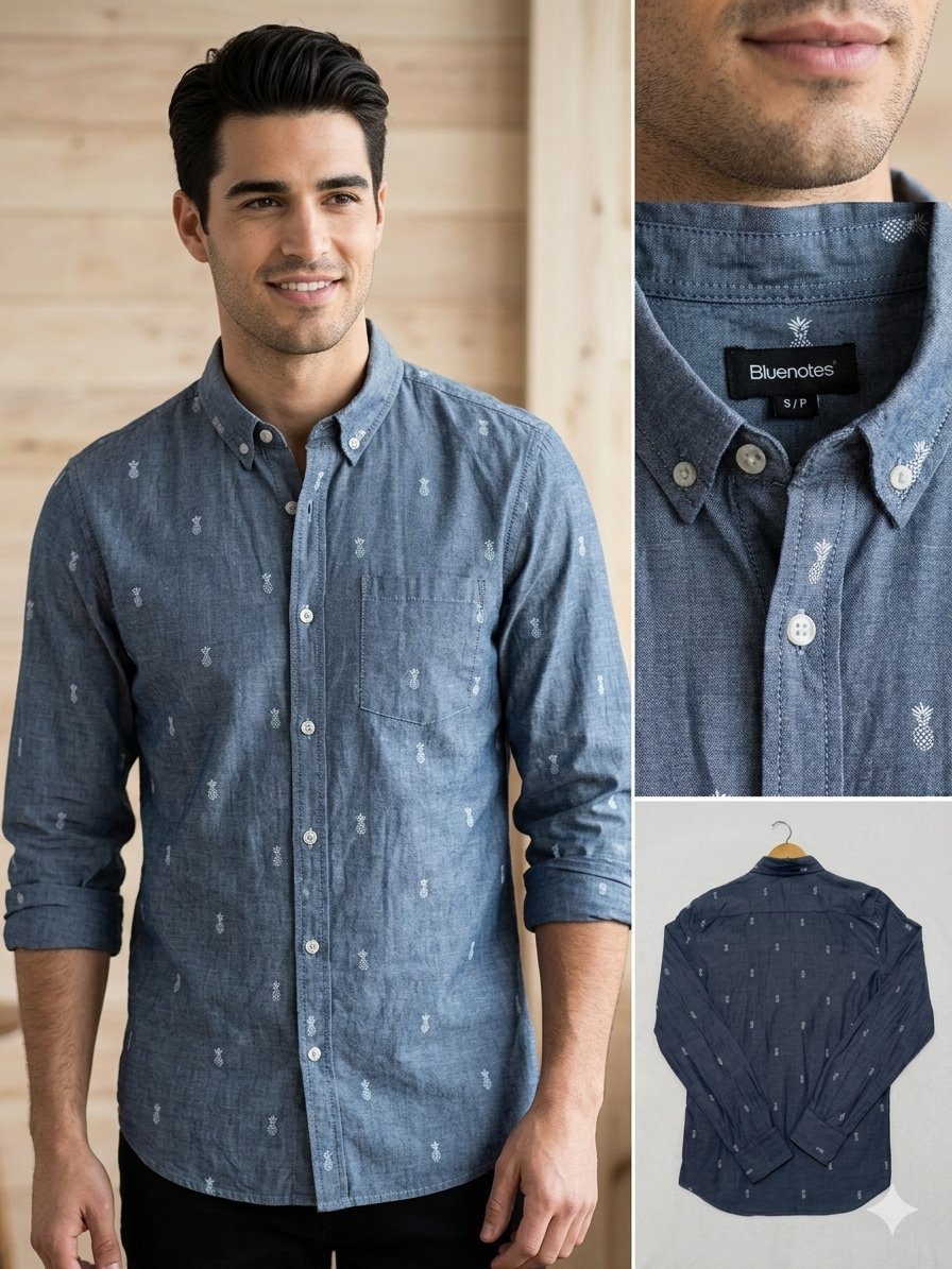 Chemise Bluenotes à Micro-Motifs Ananas 🍍 - Taille S/P - État Neuf - Tissu impeccable - Taille S/P - Bleu moyen / Bleu denim (tlabbes M slim fit) #Bluenotes (une marque canadienne abordable type "fast fashion")