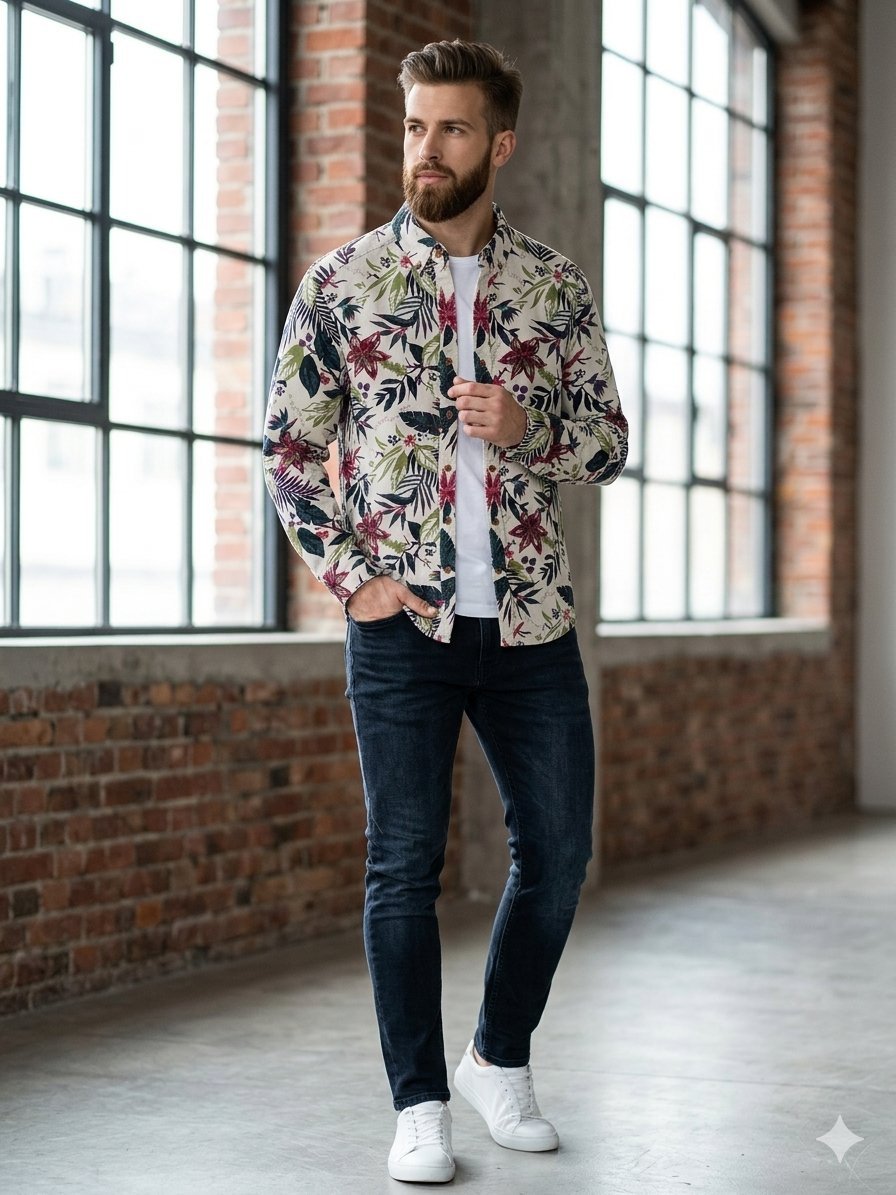 Chemise H&M L.O.G.G. Velours Milleraies - Motif Floral/Tropical - Taille M (Regular Fit)