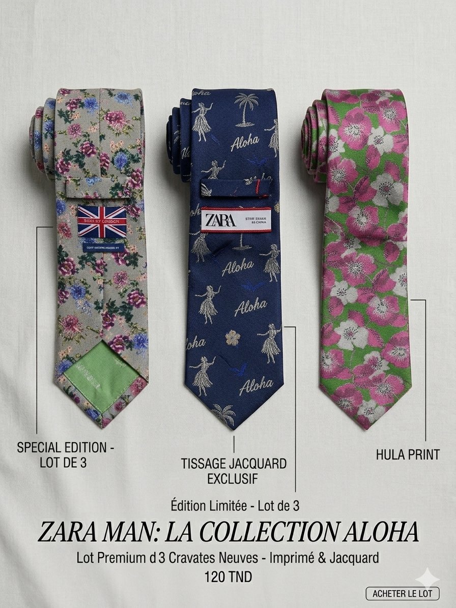 🔥 LOT EXCLUSIF 🔥 3 Cravates Premium ZARA – Collection Soie & Jacquard "Aloha" (Neuves) Toutes les cravates sont neuves, jamais portées, avec leurs étiquettes d'authenticité et scellés d'origine.