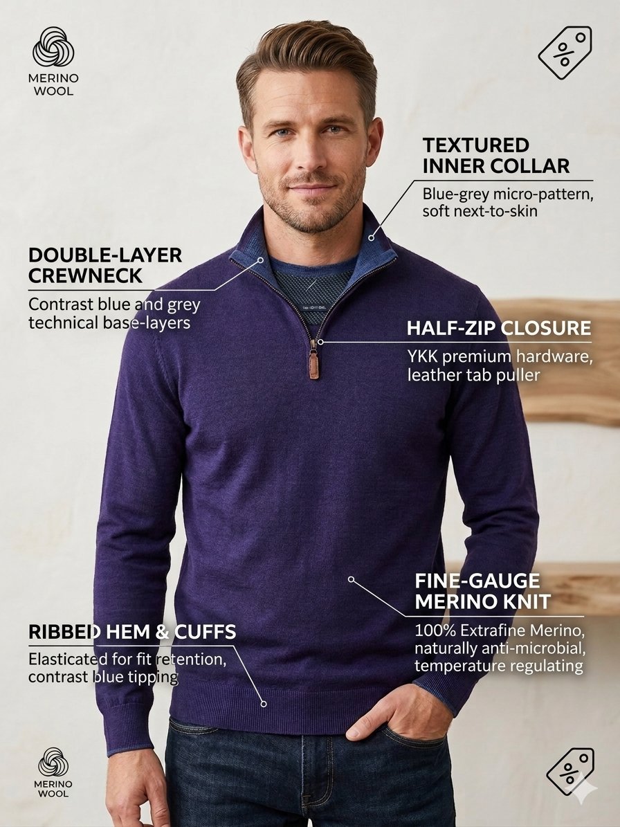 Pull Premium Col Camionneur Zippé Violet en Laine Mérinos • Taille L © État Neuf avec étiquettes (matière noble, ultra douce, thermorégulatrice) #PullHomme #LaineMerinos #MerinoWool #ColCamionneur #PullViolet #CasualChic