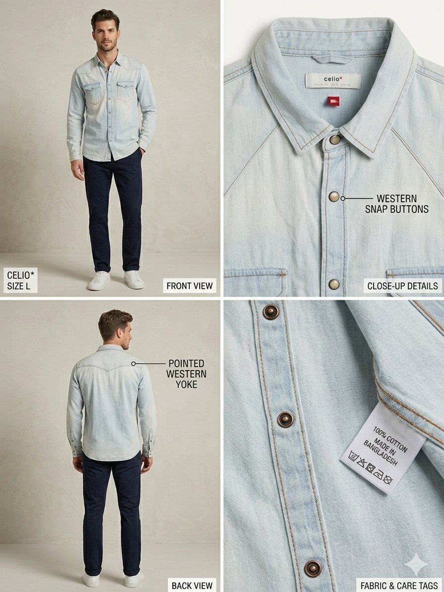 Chemise neuve en Jean Celio* Style Western (100% Coton) – Taille L - État neuf avec étiquettes 💬 Boutique SlimSouda : profitez de réductions automatiques en achetant en lot !