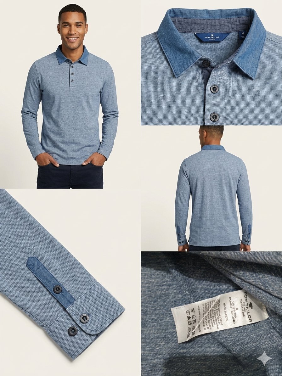 Polo Manches Longues TOM TAILOR – Bleu Chine & Denim – Taille M