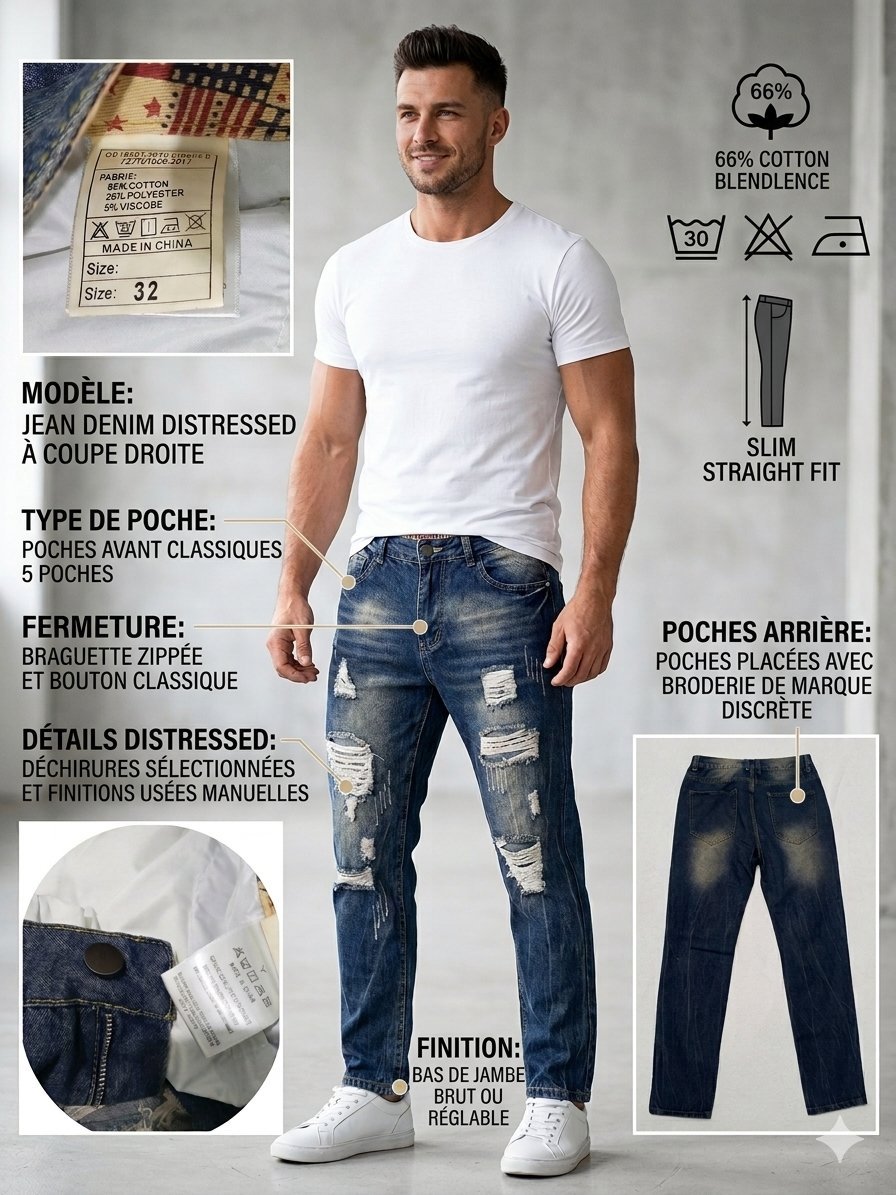 Jean Denim Grunge Style Distressed & Ripped – Taille 32 (M) – État neuf