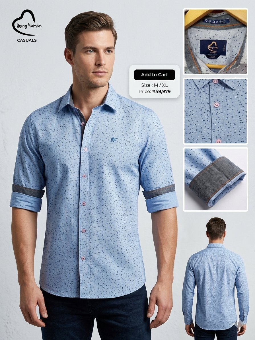 Chemise Homme Casual Bleu Ciel Motif Unique "Being Human" - Coton Premium Slim Fit Excellent état presque neuve ✨