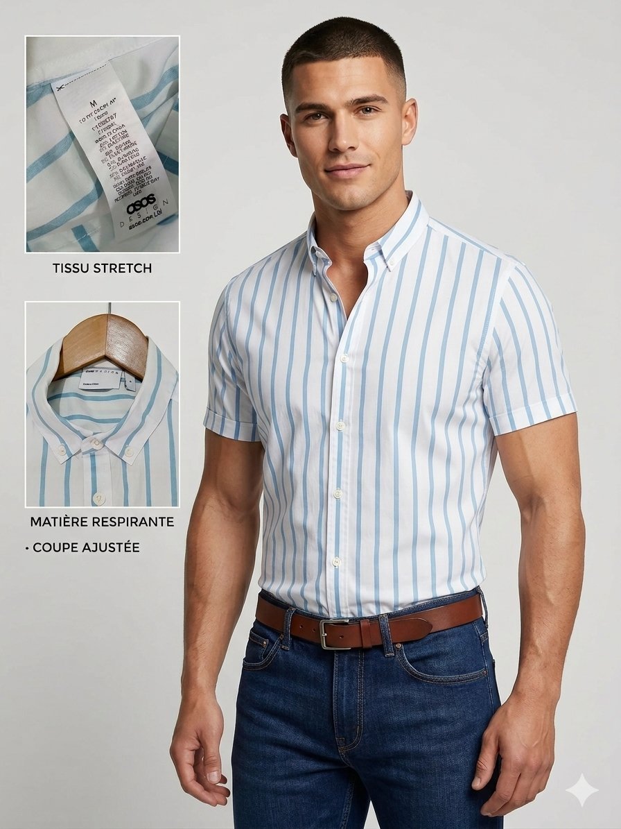 Chemise ASOS DESIGN - Rayures Bleu Ciel - Coupe Ajustée État Excellent (alm neuve) ✨Taille : M (To fit chest 102cm) #AsosDesign #Rayures #SummerStyle #SlimFit