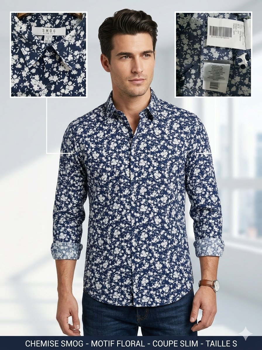 Superbe Chemise SMOG Slim Fit - Motif Floral Bleu et Blanc - Taille S (État Neuf) #Smog #NewYorker #ChemiseHomme #Floral #SlimFit #TailleS #ModeHomme #CasualChic