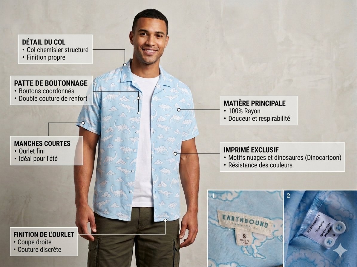 Superbe Chemise Earthbound – 💯 Rayon - Très agréable - Imprimé Dinocartoon & Nuages – Taille S - Très bon état