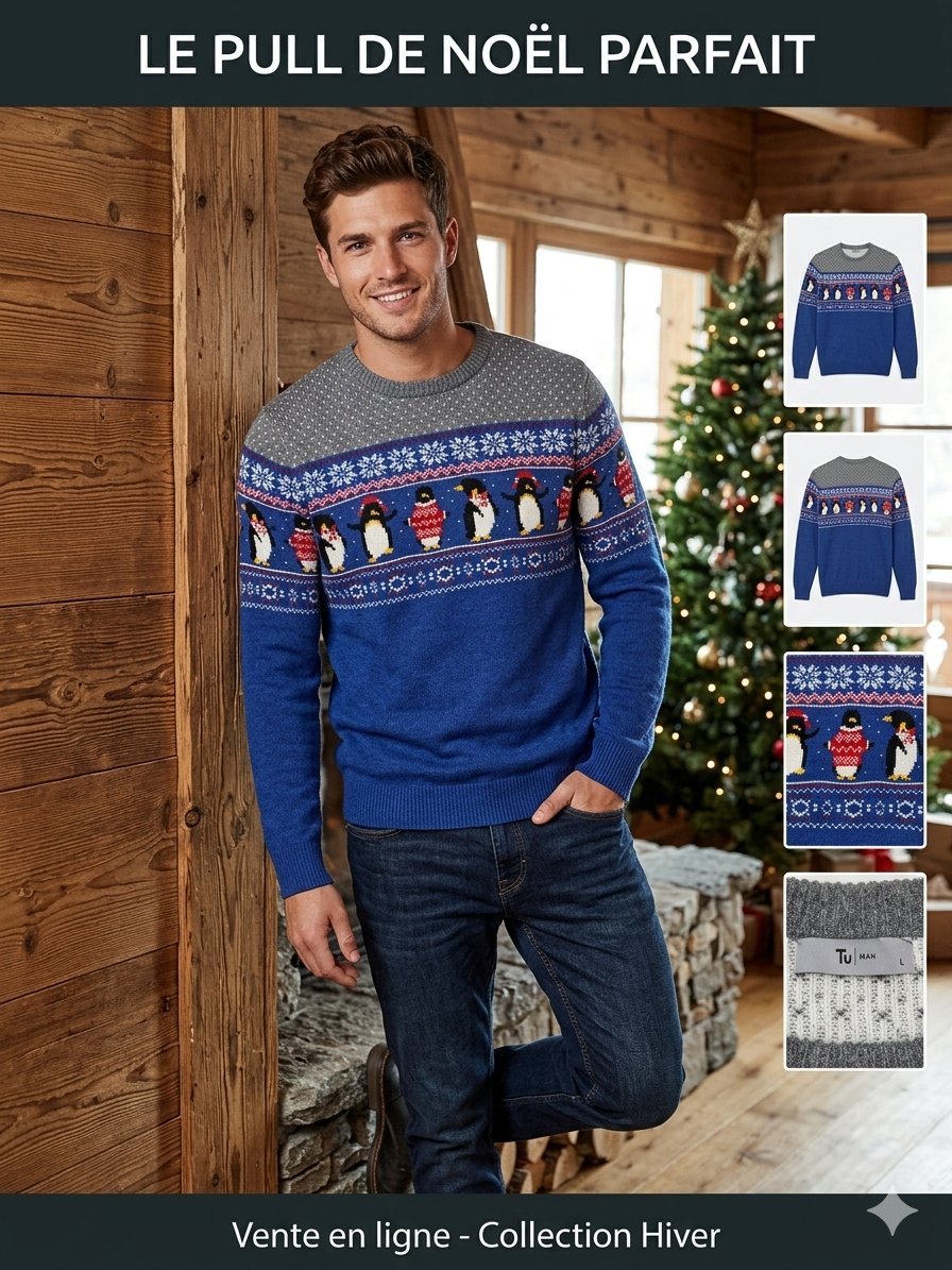 Pull "Tu Man" Bleu Royal – Très bon état ✨- Motif Pingouins & Hivernal