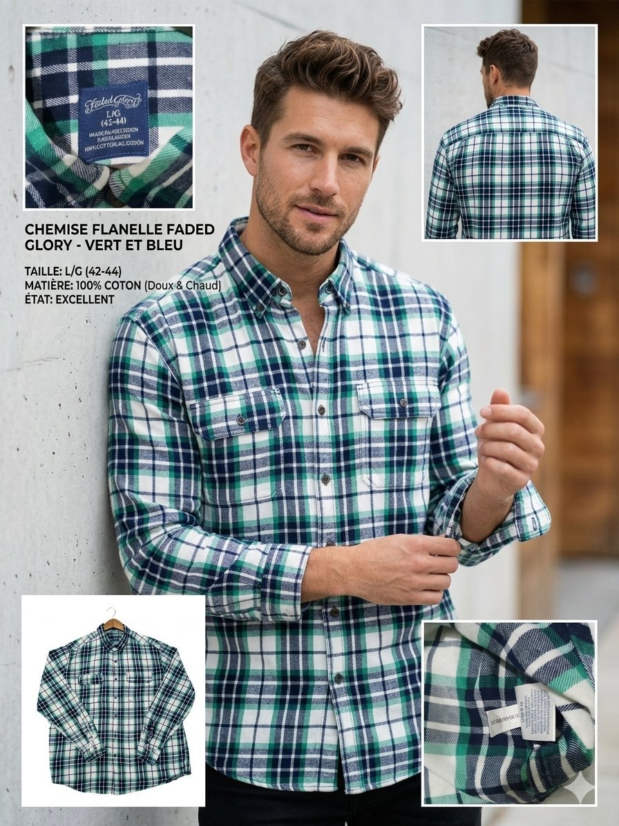 Superbe Chemise Flanelle "Faded Glory" - Excellente État - Taille L 💯 Coton de haute qualité