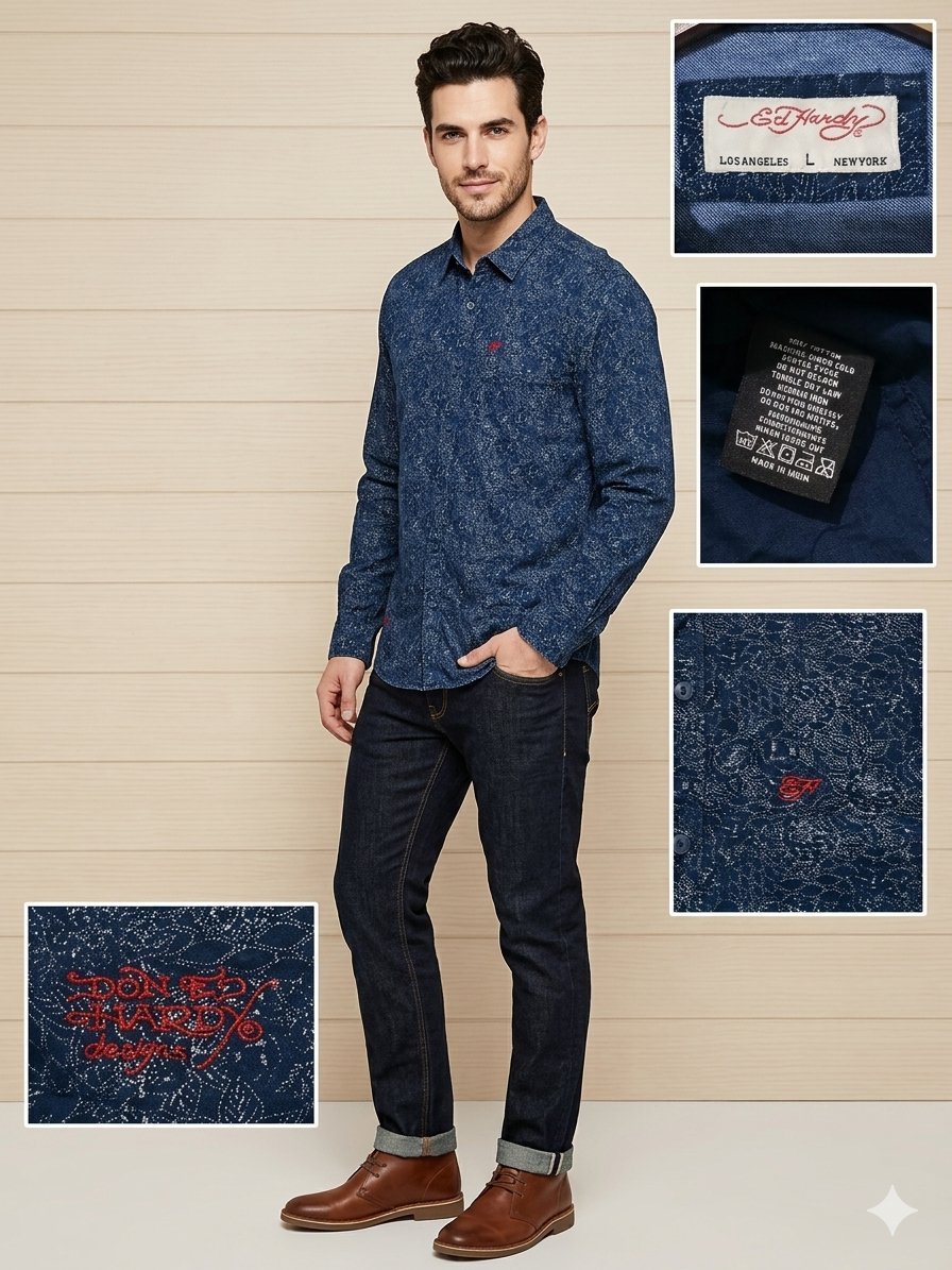 Chemise Denim Ed Hardy Authentique - Bleu à Motifs Laser - Taille L (État Neuf)